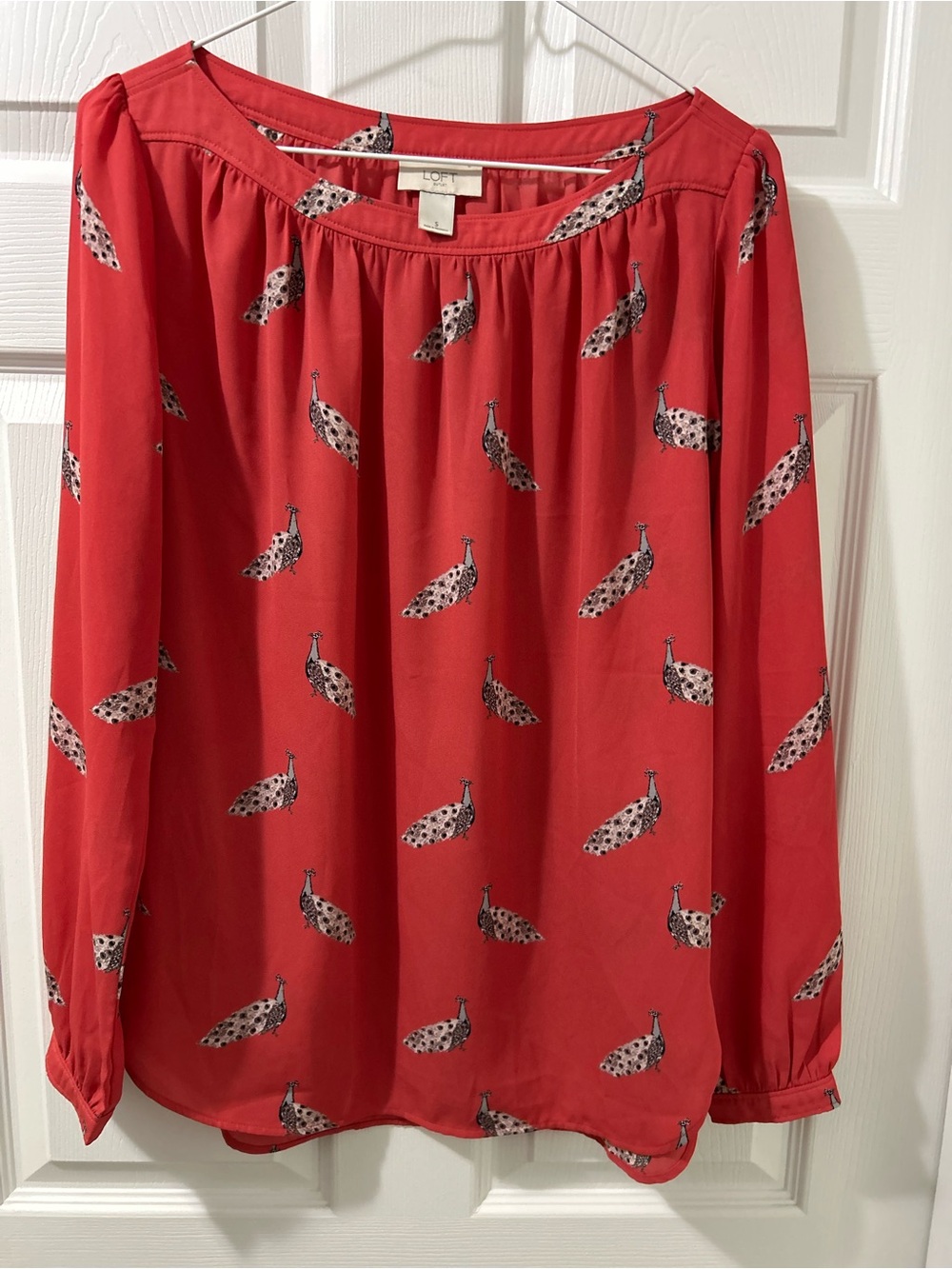 LOFT burnt orange Peacock-Print Long Sleeve Blouse